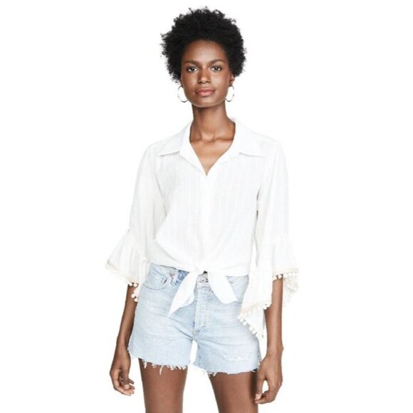 MISA Rehmy White Cotton Metallic Striped Flared Sleeve Pom Pom Blouse, Size S - Picture 1 of 14